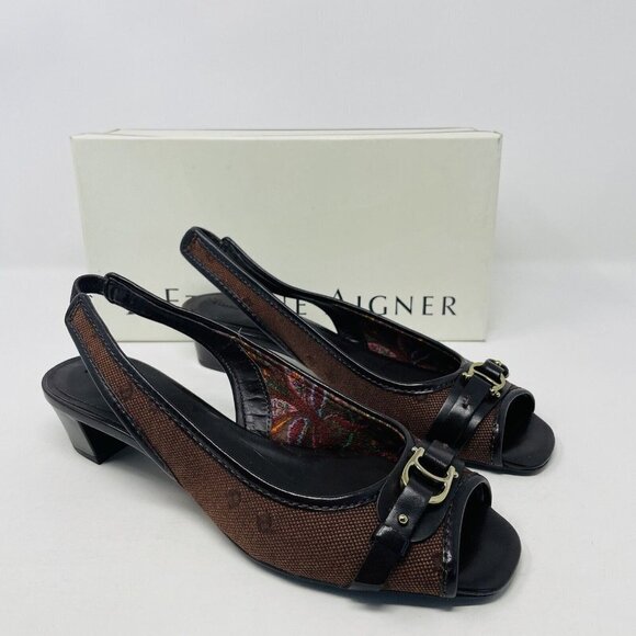 Etienne Aigner Womens Size 7.5M Landa Peep Toe Slingback Low Heels in Brown - Picture 1 of 10